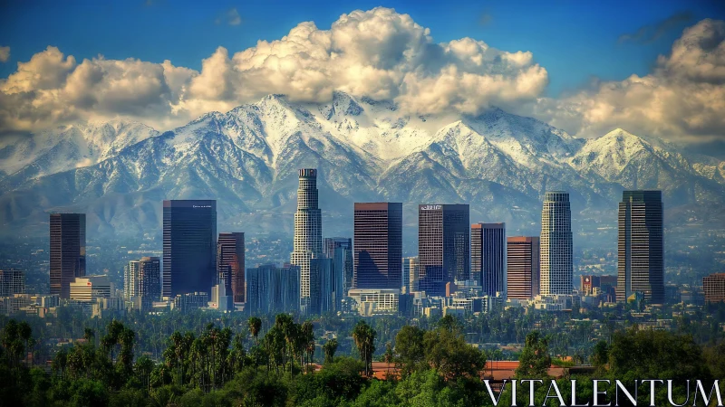 Snow capped mountains rising behind dense city skyline.