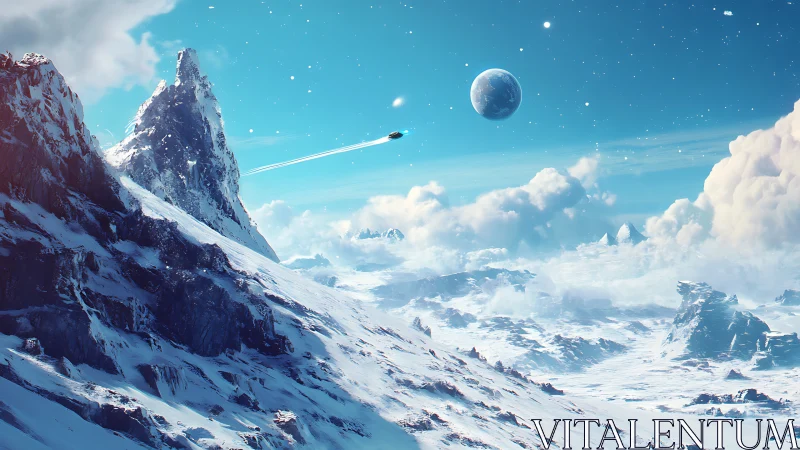 Glacial exoplanet vista with ascending starship perspective.