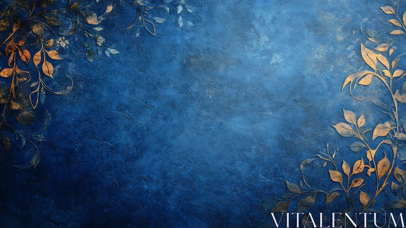 Ornate gold foliage decorates textured cobalt blue background