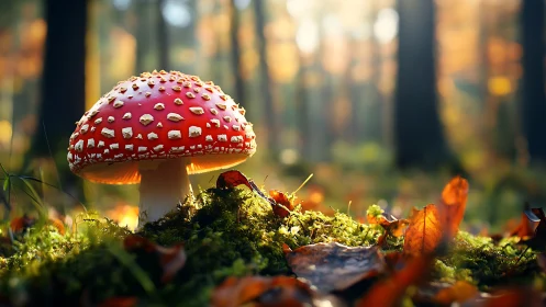 Fly agaric mushroom glows softly in a sunlit autumn forest.