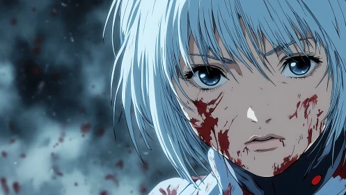 Resilient blue haired warrior with quiet, determined eyes.