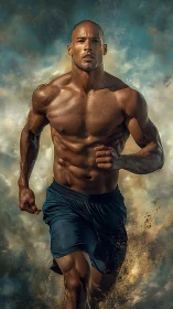 Muscular male sprinter rendered with high-detail digital lighting and motion