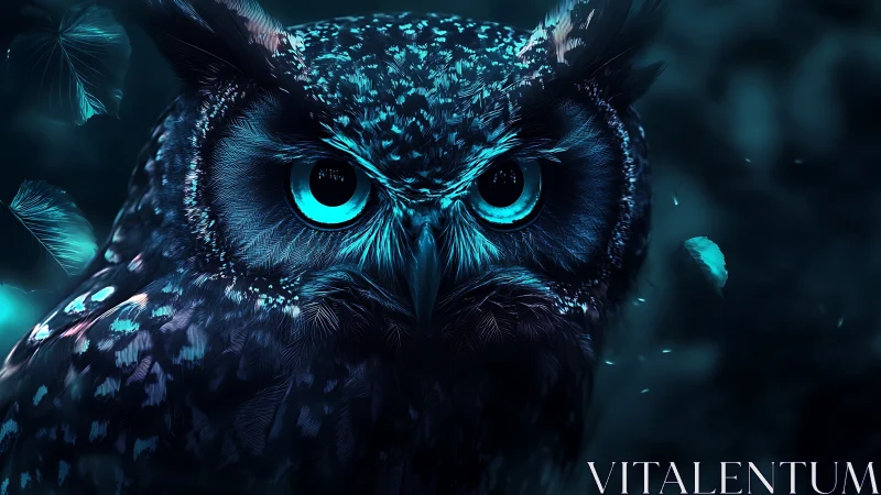 Mystical Owl Portrait in Neon Blue Digital Art Style.