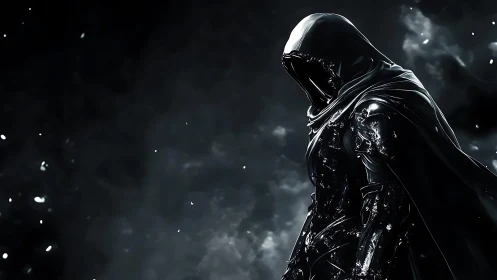 Mysterious hooded wanderer cloaked in shimmering midnight.
