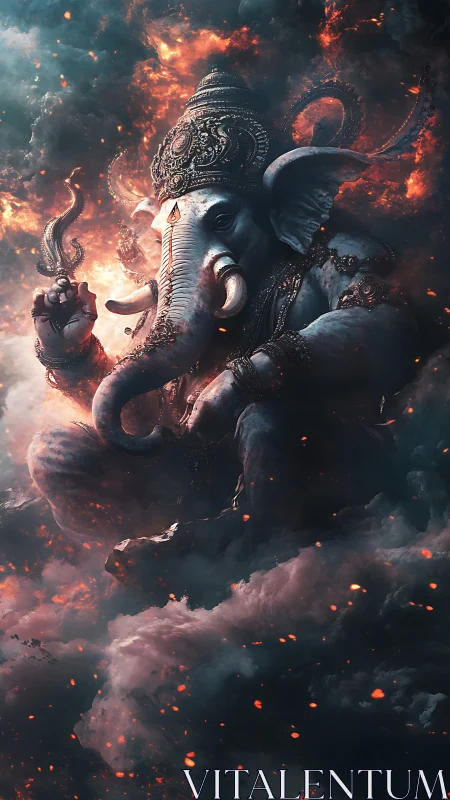 Divine elephant-headed figure amid firelit storm clouds.