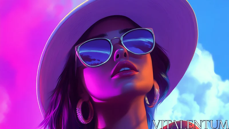 Stylized woman in hat and sunglasses under vivid sky.