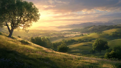 Sunlit valley vista with rolling hills and solitary tree.