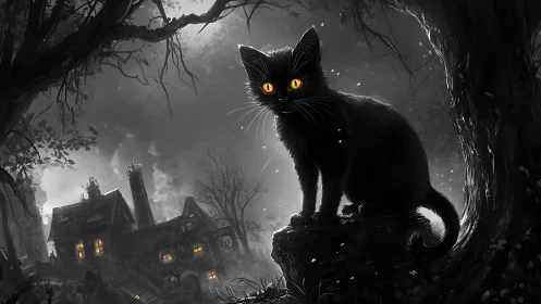 Black Cat with Glowing Eyes in Haunted Mansion Landscape.