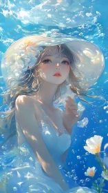 Dreamy underwater girl in white dress and wide sunhat.