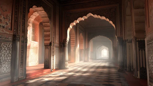 Golden morning light softens arches in a peaceful corridor