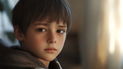 Young Boy Portrait with Contemplative Expression and Warm Backlighting