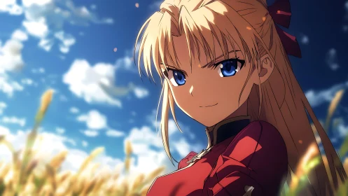 Blonde anime warrior in red stands confident in sunlit field.
