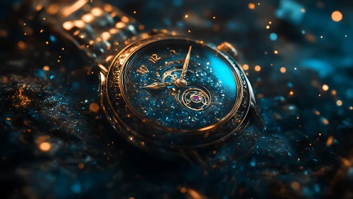 Luminous gold watch adrift in glittering cosmic dustscape.