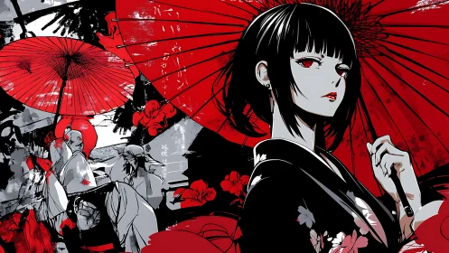 Monochrome kimono figure with red parasol and crowd scene.