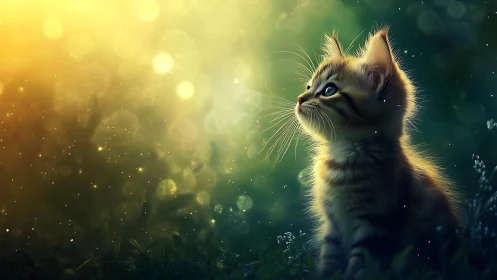 Luminous Whisker Dreams: Kitten Gazing Through Golden Twilight