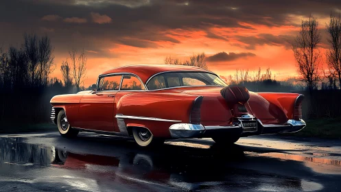 Sunset-drenched classic coupe lingers over rain-slick asphalt