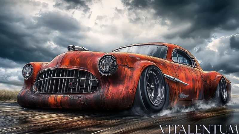 Retro muscle car storms wet highway under dramatic storm sky.