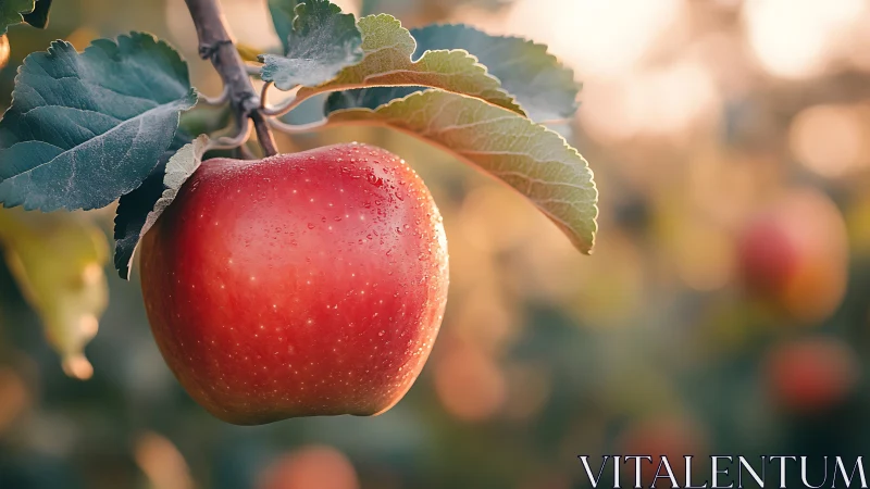 Ripe red apple glows on branch in warm orchard light.