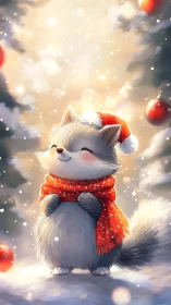 Festive fox smiles in snowy forest amid warm holiday glow.