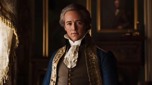 Photorealistic aristocratic portrait in baroque interior setting.