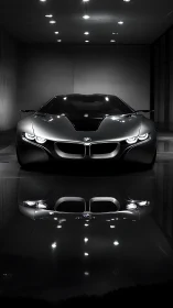 Sleek black sports car glows softly in a polished dark studio