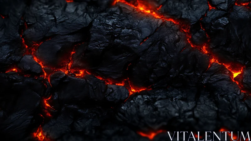 Glowing lava cracks through black charred volcanic rock surface.