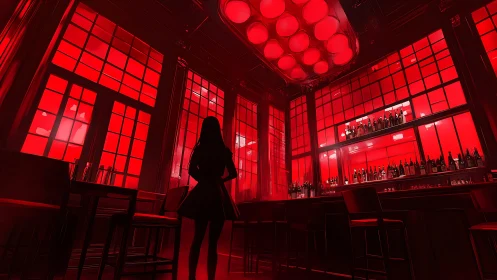 Scarlet window bar where a lone silhouette weighs secrets.