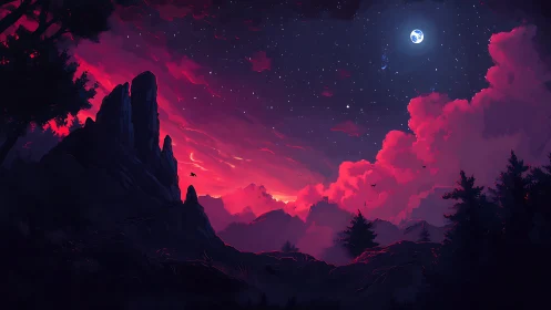 Crimson nebula sunset illuminates silhouetted mountain range