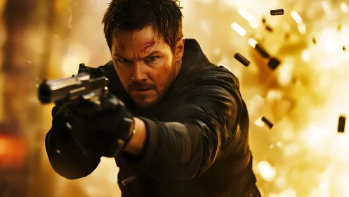 Intense gunman in dynamic action close-up against firestorm.