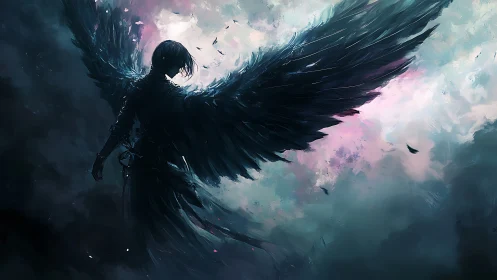 Dark winged angel rises through stormlit pastel sky.