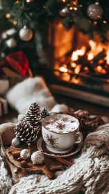 Snowflake latte beside pinecones by glowing holiday hearth.