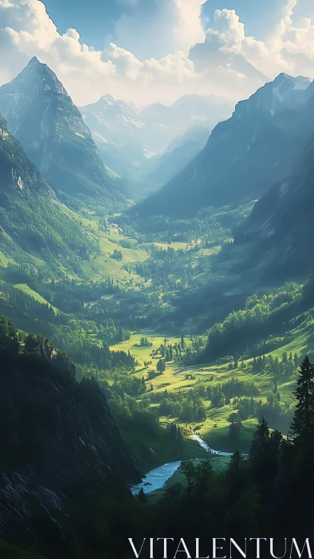 Sunlit valley river threading between storybook granite peaks.