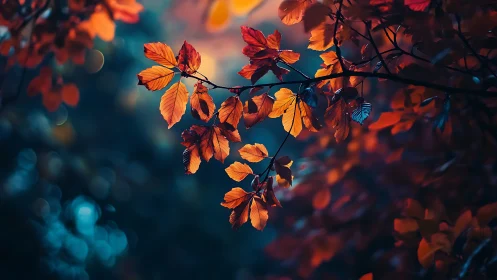 Autumn leaves on tree branch in soft-focus bokeh background.