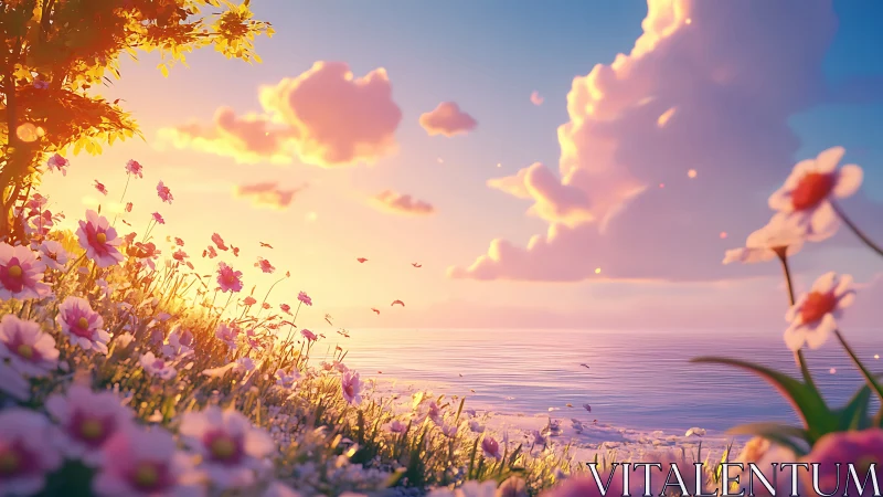 Sunlit coastal meadow frames stylized pastel ocean horizon