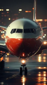 Photorealistic night airliner frontal composition on runway.
