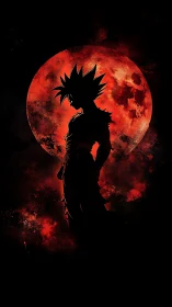 Silhouetted warrior stands before a blazing crimson moon.