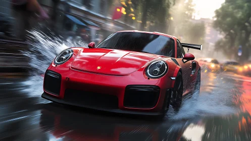 Red sports car slicing through a rainy city street at speed.