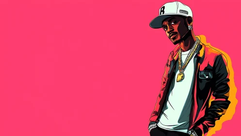 Stylized male figure in streetwear on solid pink field.