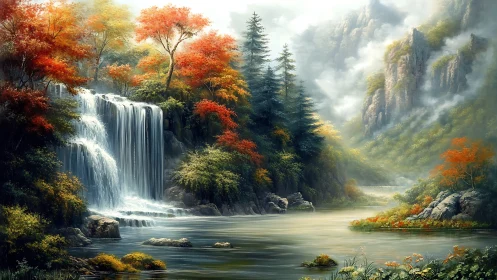 Waterfall and forested valley with autumn foliage and mist.