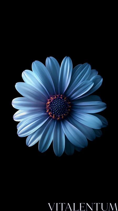 Blue Gerbera Daisy with Rust Stamen Center on Black Background.