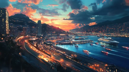 Neon lit coastal city harbor at sunset with busy traffic.