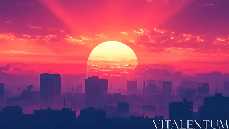 Vivid neon sunset engulfs a futuristic city skyline.