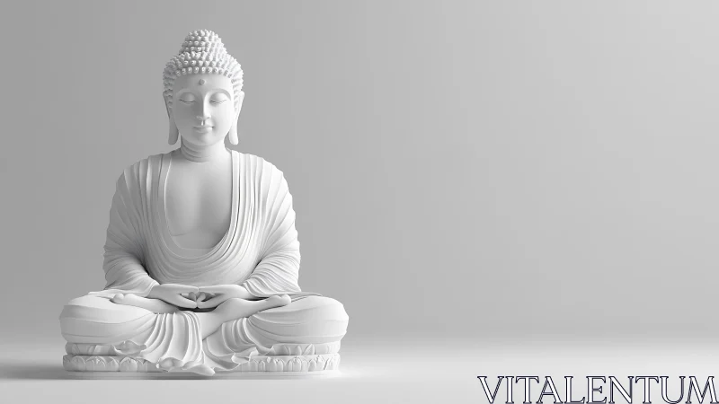 Monochrome 3D Buddha sculpture in meditative seated symmetry.