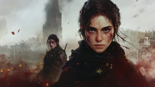 Digital painting portrait of battle-scarred heroine in ruins.