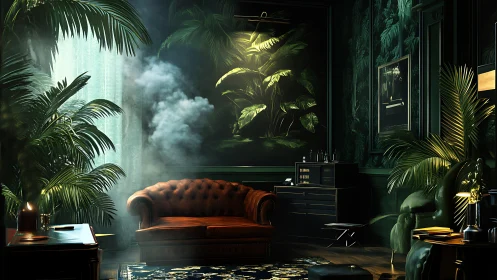 Interior scene presents leather sofa in dense tropical d&eacute;cor