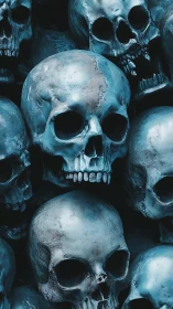 Moody blue skulls gathered in a haunting, thoughtful cluster.