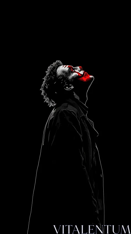 Solitary clown profile in stark red and monochrome void.