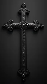 Baroque black metal cross with ornate reflective detailing.