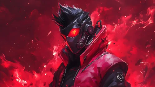 Futuristic masked warrior in red jacket amid red flames.