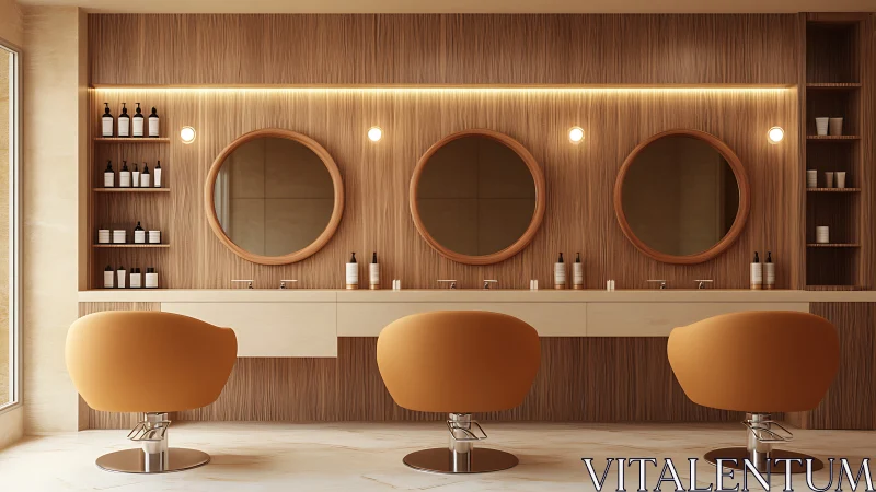 Warm-toned salon workstation showcases symmetrical lighting and seating